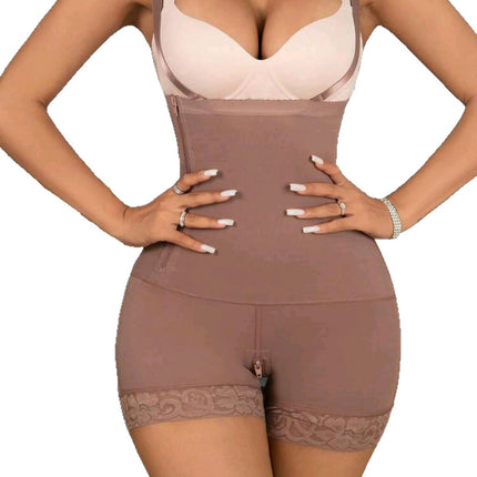 Side Zipper Shapewear Bodysuit with Black Lace Trim, Body Shaping Corset, Hip-Enhancing and Slimming Garment, Butt-Lifting and Waist-Cinching