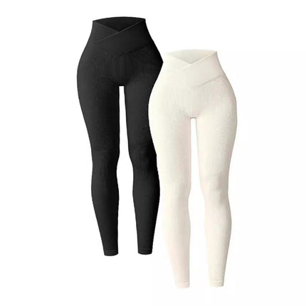 European and American Amazon 2023 yoga leggings ribbed high waist cross sports workout leggings casual trousers