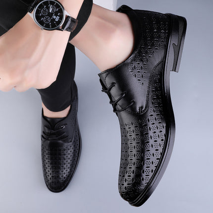 Summer men's first layer cowhide hollow leather shoes breathable round head new office casual men's holed thick-soled leather shoes