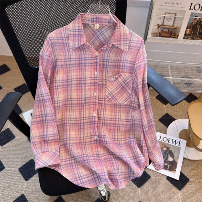 Plaid Shirt Jacket for Women, Spring/Summer 2025, Long-Sleeved, Loose-Fitting, Sun-Protective Shirt, Cotton-Linen Shirt, Breathable, Lightweight, Versatile