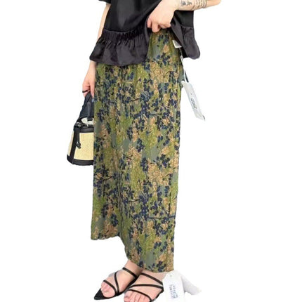 2026 Summer New Style Elastic Waist Back Slit Green Floral Skirt French Pleated Textured A-Line Skirt