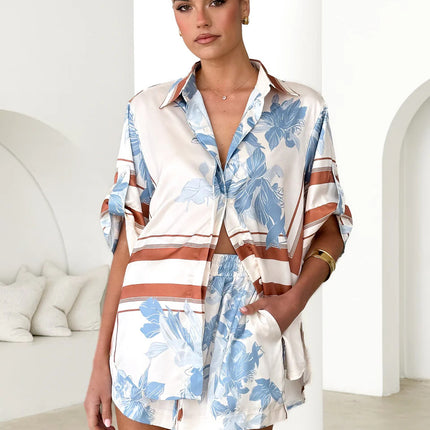 Spot 25 Years of European and American Cross-Border Summer New Fashion Casual Printed Cardigan Shirt Shorts Suit 68517