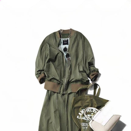 In-Stock Japanese Style 2026 Spring New Green Round-Neck Zipper Jacket + Skirt Two-Piece Set