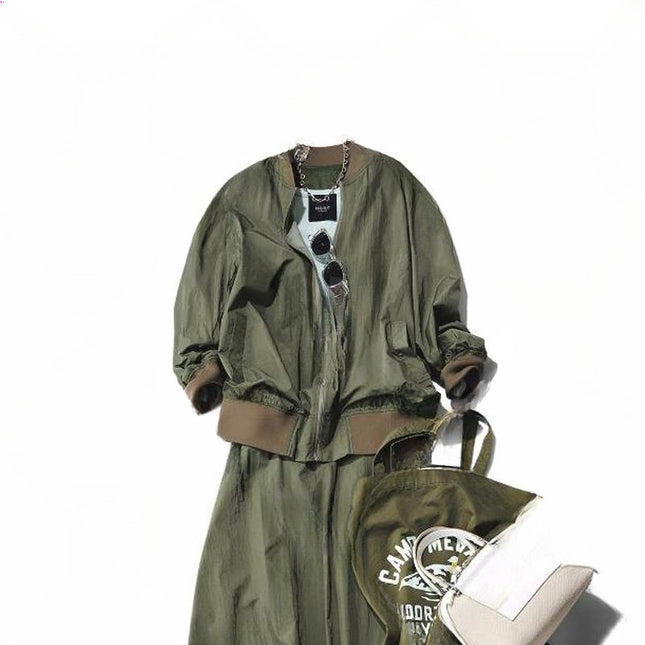 In-Stock Japanese Style 2026 Spring New Green Round-Neck Zipper Jacket + Skirt Two-Piece Set
