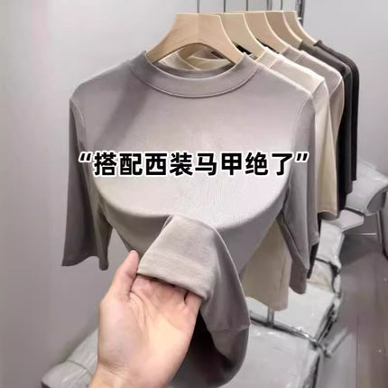 Solid Color Half Turtleneck Elastic Inner Quarter-Sleeved Bottoming Shirt Top for Women Spring New Versatile Slimming Look Elegant T-Shirt