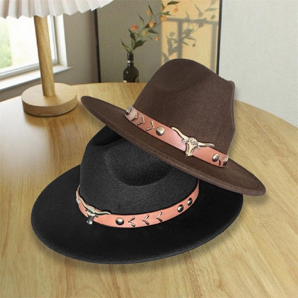 European and American Autumn and Winter Woolen Denim Jazz Felt Hat with Cow Head Label, Large Brim Fedora, Xizang Ethnic Style Outdoor Bucket Hat