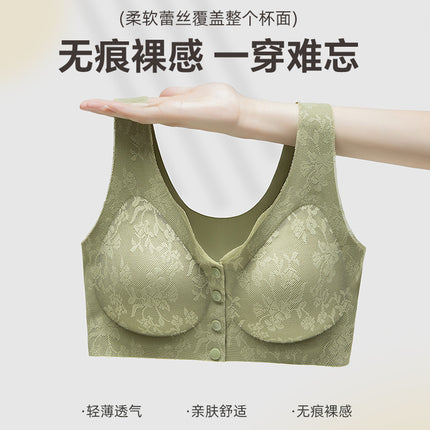 Mom's Underwear Front Opening and Buckle-free Bra Non-steel Ring Gathering Middle-aged and Elderly Women's plus size Lace Bra Thin