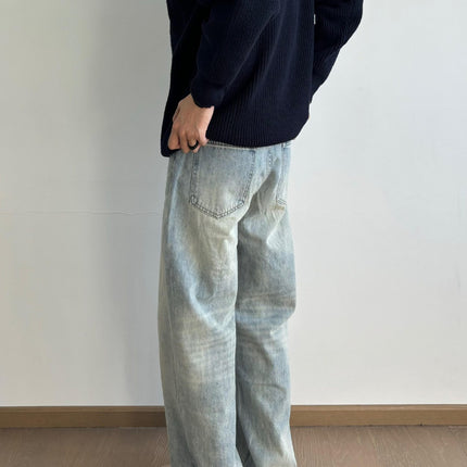 RDT Men's Wear | cleanfit Washed Old Vintage Ice Blue Cream Falling Cat Must Scratch Slight Jeans Men