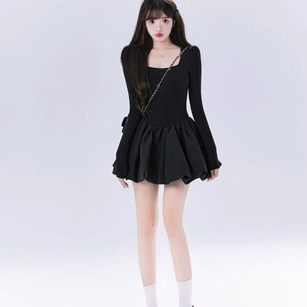 French Retro Hepburn Style Black Square Neck Dress for Women Autumn and Winter Birthday Dress Princess Style Puffy Short Skirt