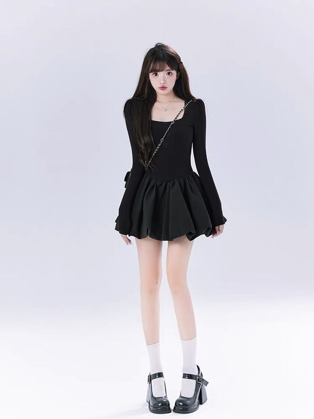 French Retro Hepburn Style Black Square Neck Dress for Women Autumn and Winter Birthday Dress Princess Style Puffy Short Skirt