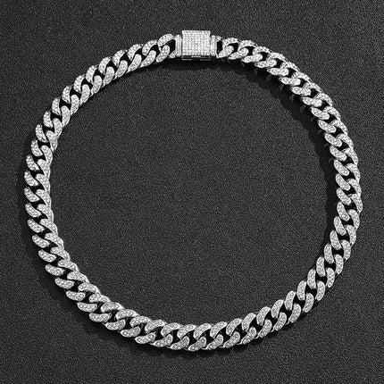 European and American explosives box buckle Cuban chain trend Joker alloy rhinestone 12mm men's necklace metal chain wholesale