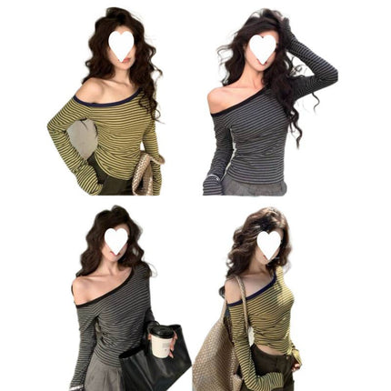 Autumn and Winter Sexy Style Striped Off-Shoulder Long-Sleeve Women's Short Slim-Fit Top with Removable Chest Pads Versatile Top
