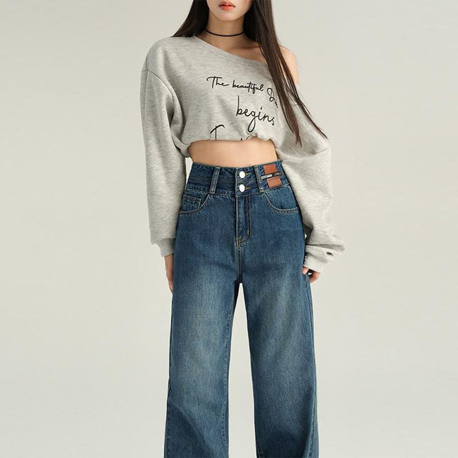 Straight All-match Slim Look Wide Leg Jeans Women's Spring 2025 Leg Long plus size Loose Mop Pants Vintage Blue