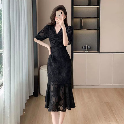 Yujie Fan Long Dress Cross-border 2024 Summer Internet Celebrity Elegant Waist Lace Fishtail Dress Yujie Light Luxury dress