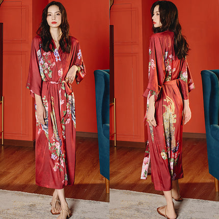 Yaoting New Style Satin Pajamas Women's Summer Large Size Light Luxury Seven-point Sleeve Cool Nightgown Bathrobe Home Clothes Women's WP2669