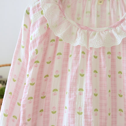 Women's Cotton Crepe Long Sleeve Lace Crewneck Nightdress Spring and Autumn Princess Style Seersucker Pajamas Outer Wear Home Dress