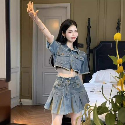 Internet Celebrity Fried Street Denim Skirt Two-piece Suit Women's Autumn and Summer Elegant New Goddess Fan Short-sleeved Spice Girls Pleated Short Skirt