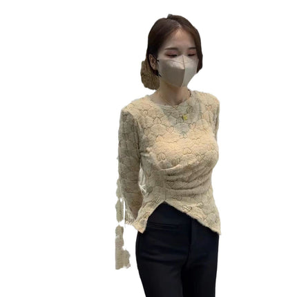Round Neck Design Brushed Heart Lace Long-Sleeved T-Shirt Women's Bottoming Shirt Slimming Look Asymmetrical Pleated Top