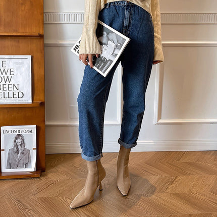 Pointed Toe High-Heeled Short Boots for Women, Korean Style Stiletto Heel, Side Zipper, Elastic Slim Boots, Temperament and Versatile Fashion Boots