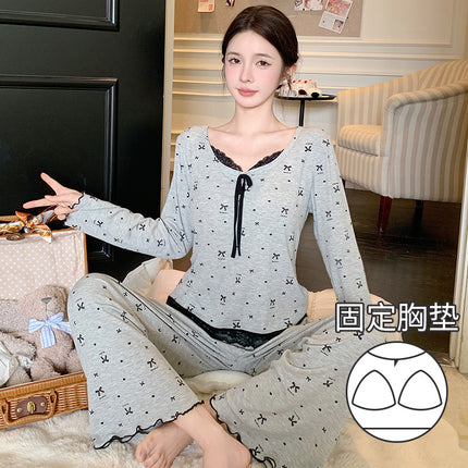 [D] New Spring Long Sleeve Comfortable Draped Bow Lace suit Home Clothes Women's Pajamas