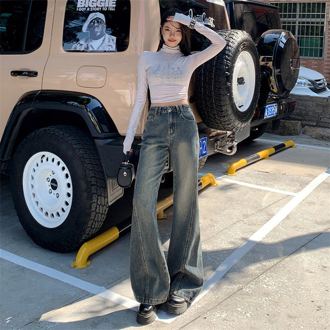 Wasteland Color Diagonal Metal Stud Design Flared Jeans for Women 2026 New Style Pear-Shaped Figure-Flattering Pants