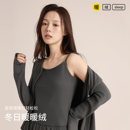Autumn and Winter Women's Warm Pajamas, Heated Velvet Cardigan with Vest, Three-Piece Set, Simple and Comfortable Home Wear Set