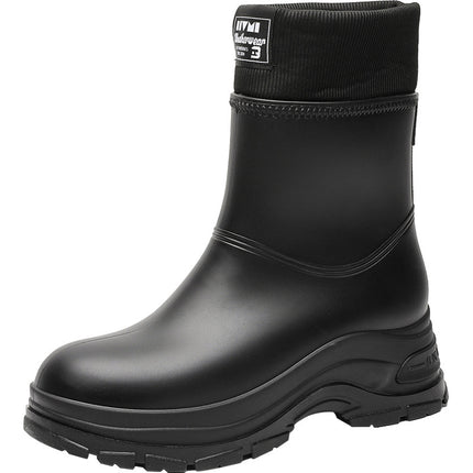 Cross-border European and American single mid-barrel rain boots women's fleece-lined warm rain boots non-slip waterproof shoes fashion outdoor overshoes rubber shoes