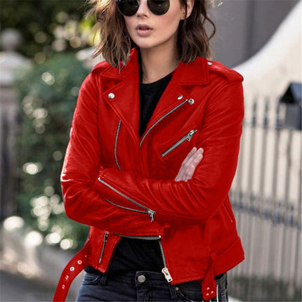 Cross-Border 2026 New European and American Style Motorcycle Leather Jacket, Spring and Autumn Women's Short Slim-Fit Leather Coat