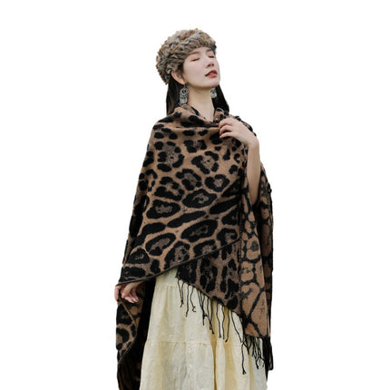 Leopard Split Towel Warm Tassel Shawl Thickened Xizang Northwest Desert Windproof Cape Women's Travel