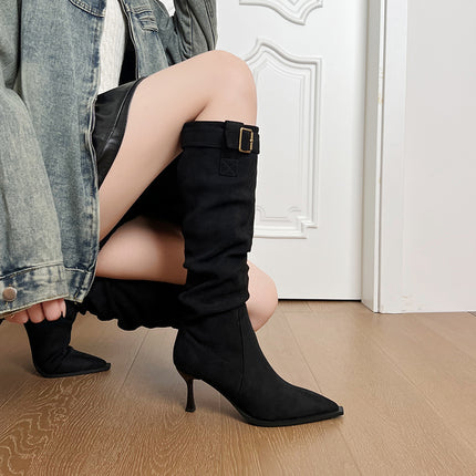 665 Genuine Leather Boots 2025 Autumn and Winter Stiletto Boots Pointed Leather Belt Buckle High Heel Suede High Boots