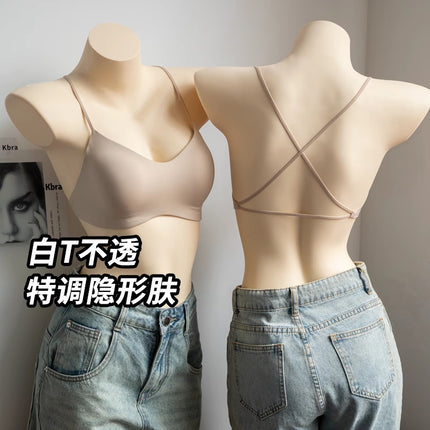 White T-Shirt Non-See-Through Foundation Liquid Fixed Cup Bra for Women, Seamless Invisible Thin Straps, Beautiful Back, Small Chest Push-Up Bra
