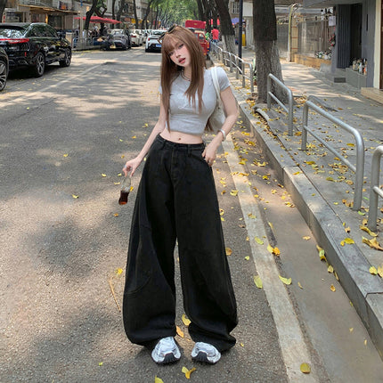 Black and Grey Scimitar Wide Leg Jeans Women's 2025 Summer New Straight Loose High Waist Dummy Slimming Mop Pants