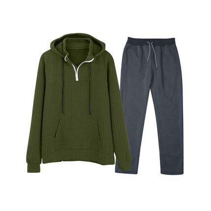 European and American Cross-Border Long-Sleeved Waffle Top Aliexpress Solid Color Drawstring Pocket Hoodie Sweatshirt and Sweatpants Set