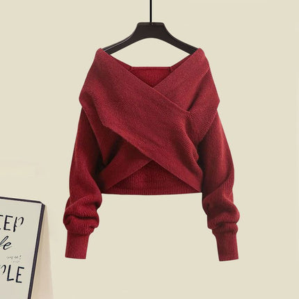 G Autumn suit Women's New Fishtail dress Two-Piece Western-Style French-Style Cross-Knitted Sweater for Women