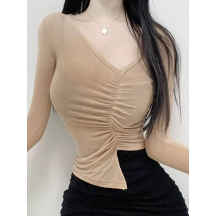 New Products from Dongdaemun, South Korea, Are Skin-Friendly and Show Off Your Figure~Sexy V Neck Pleated Slim Long-Sleeved T-Shirt Ye