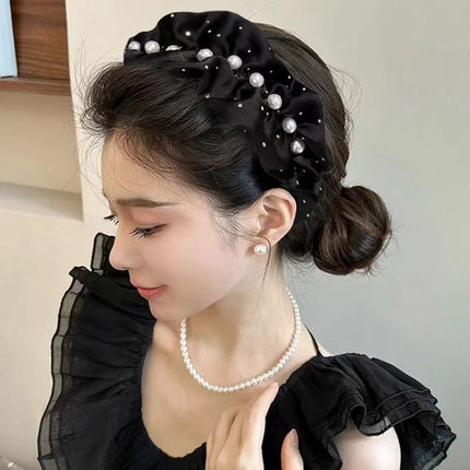 Princess-Style Black Satin Pleated Rhinestone Headband for Women with High Crown, Elegant and Face-Slimming, Starry Pearl Headband