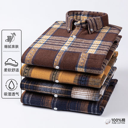 New Spring and Summer Pure Cotton Men's Shirts, Brushed Plaid Long-Sleeved Casual Shirts, Slim Fit, Fashionable and Versatile Tops Wholesale