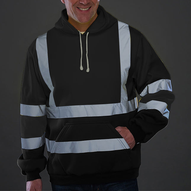 Cross-Border Export Popular Men's Reflective Strip Ring Fleece-Lined Hooded Top to Protect Against Cold Outdoor Hooded Reflective Sweatshirt for Men