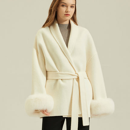 2025 Autumn and Winter Wool Double-Sided Woolen Outwear Woolen Short Fox Fur Petite Outwear Women's Mulberry Silk Jacket