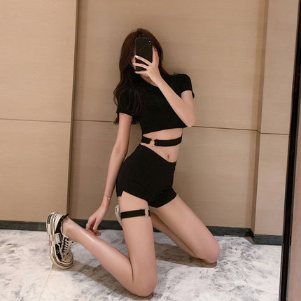Sexy Disco Women's Suit Summer Crop Top Handsome Cool Girl Gothic Style Pure Desire Pleated Skirt Jazz Dance Suit