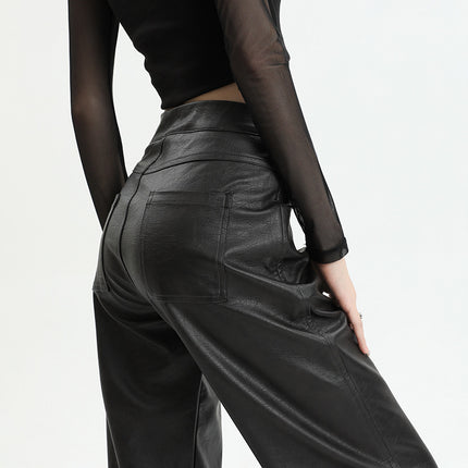 Black Leather Pants for Women, 2025 Spring and Autumn New Style, Straight-Leg, Loose, High-Waisted, Slimming, Narrow Wide-Leg Pu Leather Pants