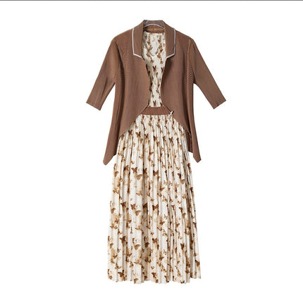 2025 Autumn New Miyake Pleated Fashion Suit Dress for Women, Elegant Small Blazer with Printed Dress Two-Piece Set