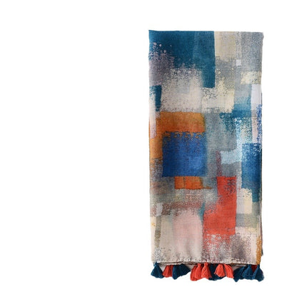 Spring and summer new color mosaic printing long tassel decorative cotton and linen hand scarf travel sunscreen beach towel