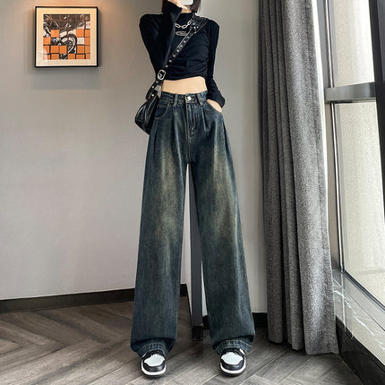 fleece-lined Thickened Cement Grey Wide Leg Jeans Women's High Waist Wrinkled Autumn and Winter Retro Loose Casual Floor Trousers