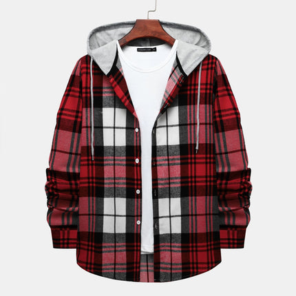 Cross-border Hooded Plaid Shirt Men's 2024 Foreign Trade Autumn Harajuku Style Plaid Hooded Shirt Men's Hong Kong Style Casual Shirt