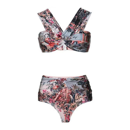 2024 European and American Holiday Beach Dress Swimsuit Women's Retro Printed Cross-border Amazon wish Hot Spring Swimsuit Three-piece Set