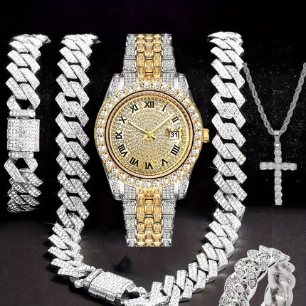 Hiphop Hip Hop Diamond Watch Five-Piece Diamond Cuban Chain Cross Necklace Cuban Ring Cross Border Wholesale