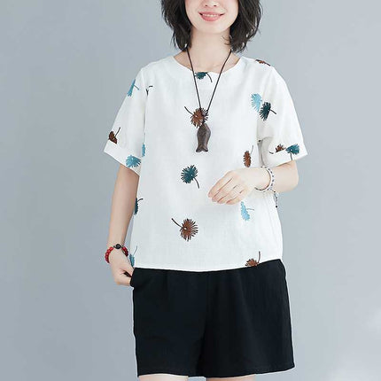 Real shot 2024 summer new short sleeve literary fan cotton linen loose slim round neck base shirt top