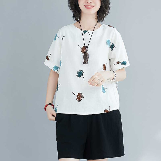 Real shot 2024 summer new short sleeve literary fan cotton linen loose slim round neck base shirt top