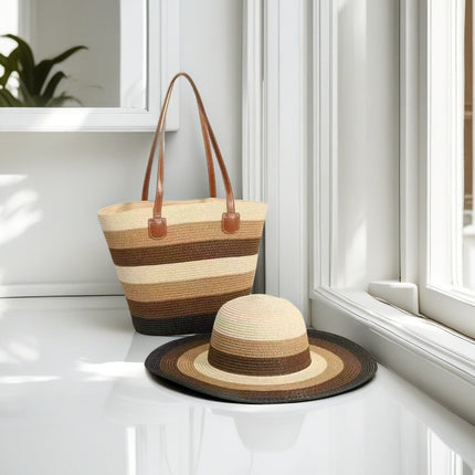Cross-Border Straw Hat Straw Bag Two-Piece Set Sun Hat Large Capacity Striped Tote Bag Shoulder Bag Beach Bag Factory Store